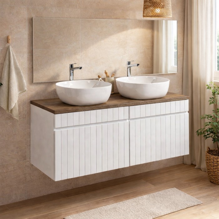 Insieme ICON bianco: mobili sotto lavabo 120cm + piano per lavabo effetto legno scuro
