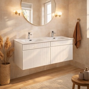 Ensemble ICON blanc : meubles sous vasque 60cm et double vasque encastrée 120cm mis en situation