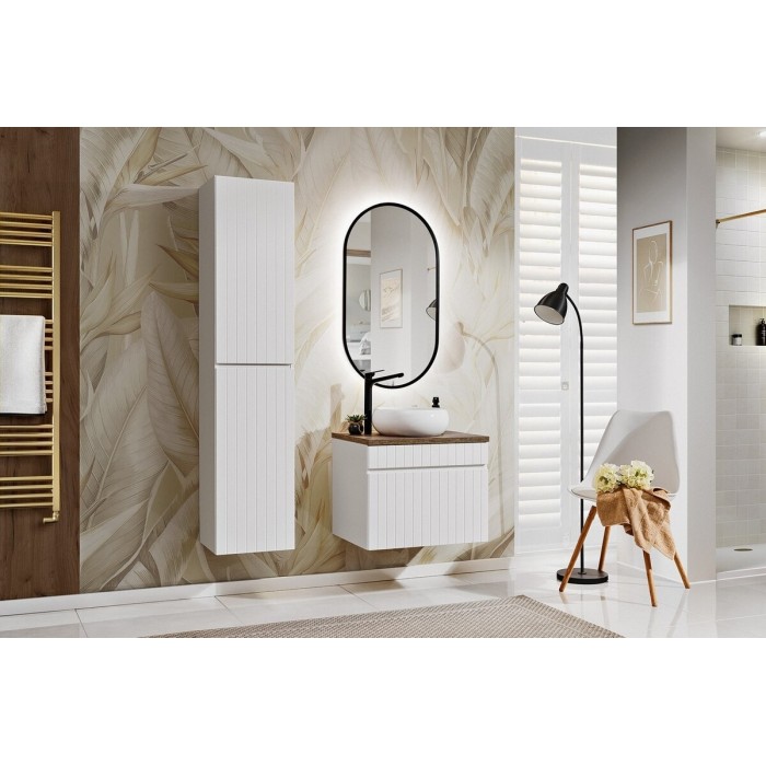 Set ICON bianco: mobile sottolavabo 60cm + lavabo da appoggio rotondo bianco + specchio LED ovale verticale + colonna