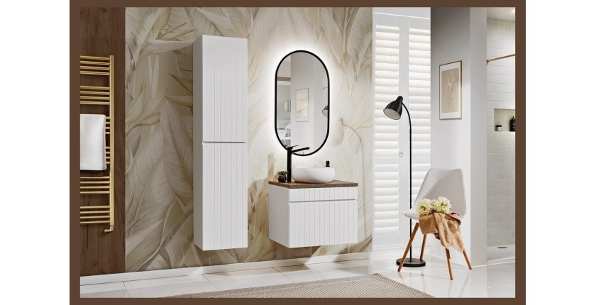 Ensemble ICON blanc : meuble sous vasque 60cm + vasque à poser ronde blanche + miroir LED ovale vertical + colonne