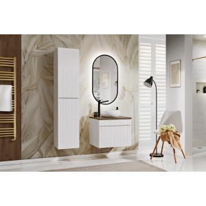 Ensemble ICON blanc : meuble sous vasque 60cm, vasque à poser ronde, miroir oval et colonne mis en situation