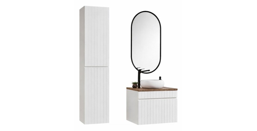 Ensemble ICON blanc : meuble sous vasque 60cm + vasque à poser ronde blanche + miroir LED ovale vertical + colonne