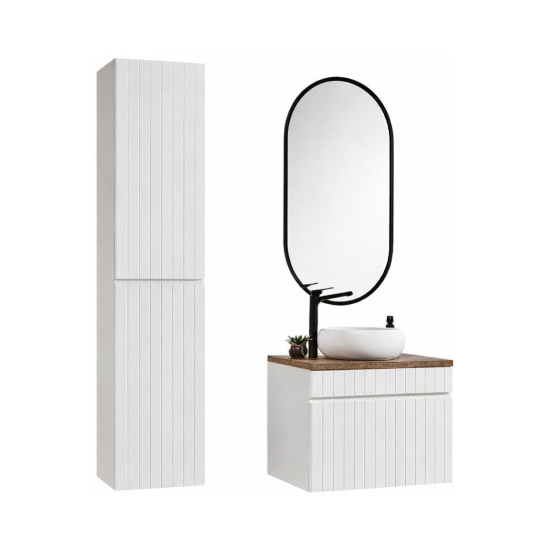 Ensemble ICON blanc : meuble sous vasque 60cm + vasque à poser ronde blanche + miroir LED ovale vertical + colonne