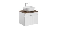Ensemble ICON blanc : meuble sous vasque 60cm + plan pour vasque aspect bois foncé + vasque à poser carrée arrondie