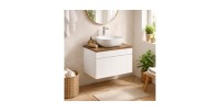 Ensemble ICON blanc : meuble sous vasque 60cm + plan pour vasque aspect bois foncé + vasque à poser carrée arrondie