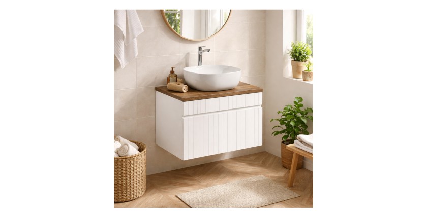 Ensemble ICON blanc : meuble sous vasque 60cm + plan pour vasque aspect bois foncé + vasque à poser carrée arrondie