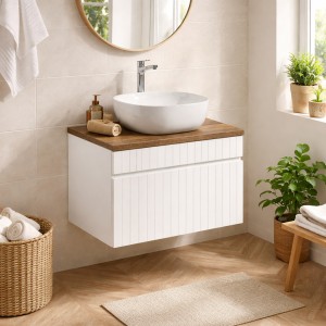 Ensemble ICON blanc : meuble sous vasque 60cm et plan pour vasque aspect bois foncé mis en situation