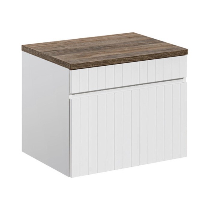 Insieme ICON bianco : mobile sotto lavabo 60cm + piano per lavabo in aspetto legno scuro
