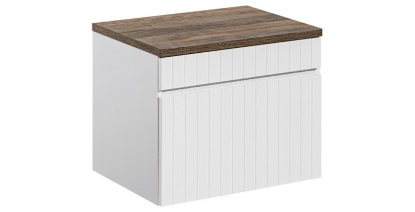 Ensemble ICON blanc : meuble sous vasque 60cm + plan pour vasque aspect bois foncé