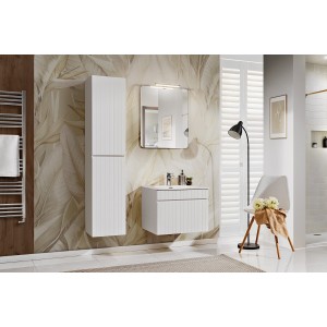 Ensemble ICON blanc : meuble sous vasque 60cm, vasque encastrée, miroir, lampe LED et colonne mis en situation