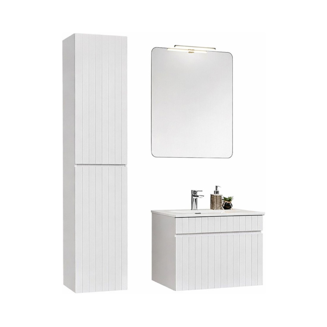 Ensemble ICON blanc : meuble sous vasque 60cm + vasque à encastrer blanche + miroir + lampe LED + colonne
