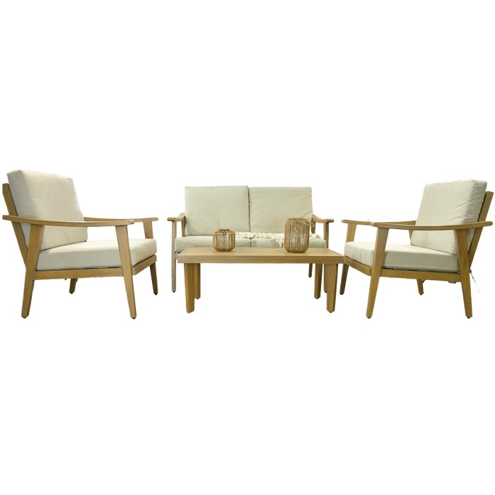 Salon de jardin ALBORA 4 places en aluminium effet bois avec coussins beige et table basse