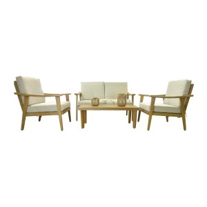 Salon de jardin ALBORA 4 places en aluminium effet bois avec coussins beige et table basse