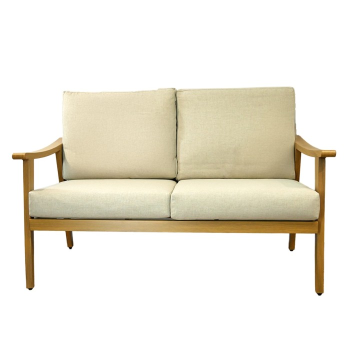 Salon de jardin ALBORA 4 places en aluminium effet bois avec coussins beige et table basse