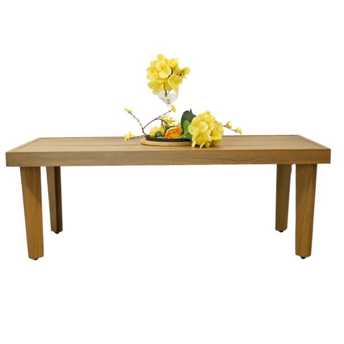 Salon de jardin ALBORA 4 places en aluminium effet bois avec coussins beige et table basse