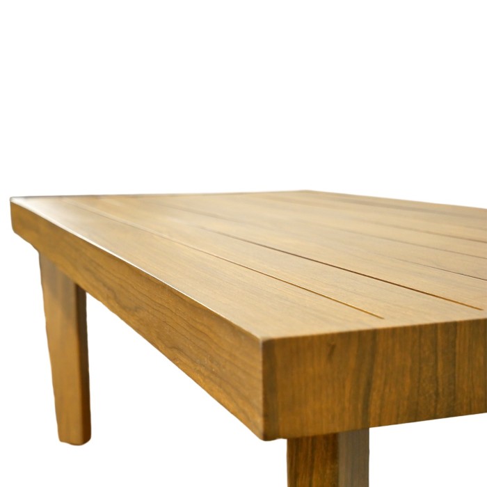 Salon de jardin ALBORA 4 places en aluminium effet bois avec coussins beige et table basse