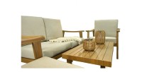 Salon de jardin ALBORA 4 places en aluminium effet bois avec coussins beige et table basse