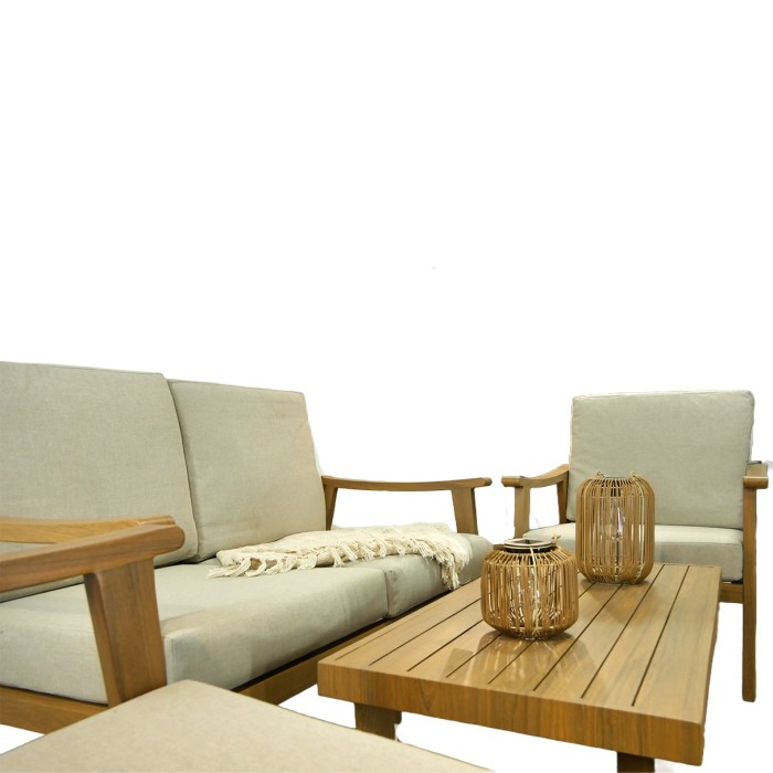 Salon de jardin ALBORA 4 places en aluminium effet bois avec coussins beige et table basse
