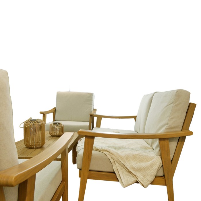 Salon de jardin ALBORA 4 places en aluminium effet bois avec coussins beige et table basse