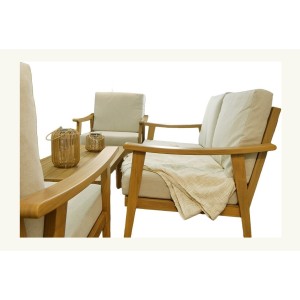 Salon de jardin ALBORA 4 places en aluminium effet bois avec coussins beige et table basse