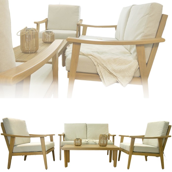 Salon de jardin ALBORA 4 places en aluminium effet bois avec coussins beige et table basse