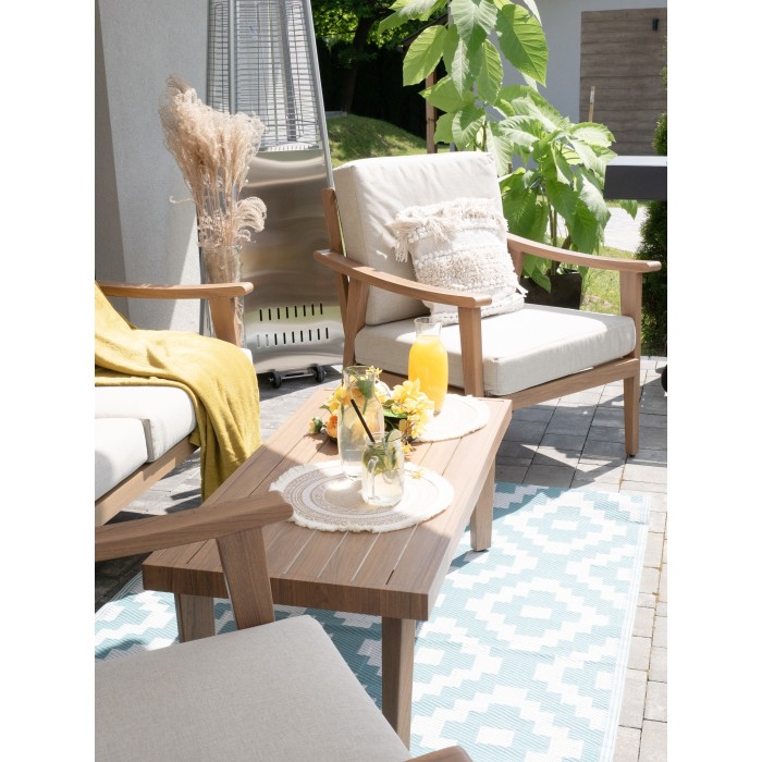 Salon de jardin ALBORA 4 places en aluminium effet bois avec coussins beige et table basse
