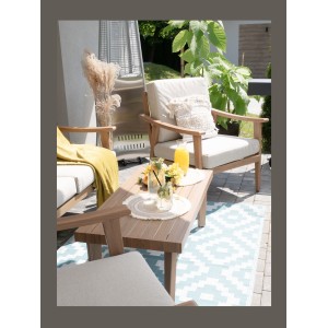 Salon de jardin ALBORA 4 places en aluminium effet bois avec coussins beige et table basse