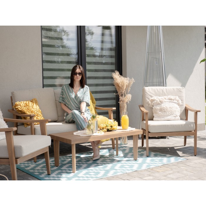 Salon de jardin ALBORA 4 places en aluminium effet bois avec coussins beige et table basse