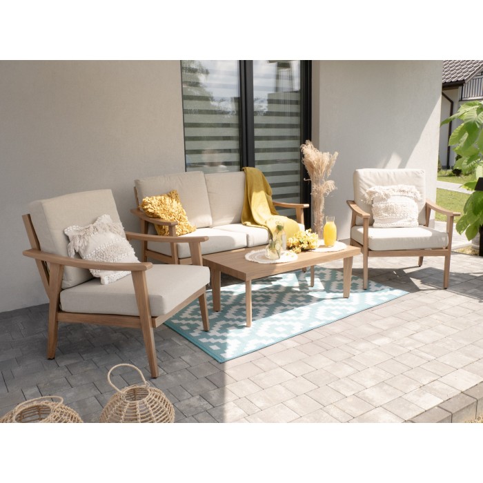 Salon de jardin ALBORA 4 places en aluminium effet bois avec coussins beige et table basse