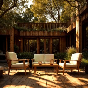 Salon de jardin ALBORA 4 places en aluminium effet bois avec coussins beige et table basse