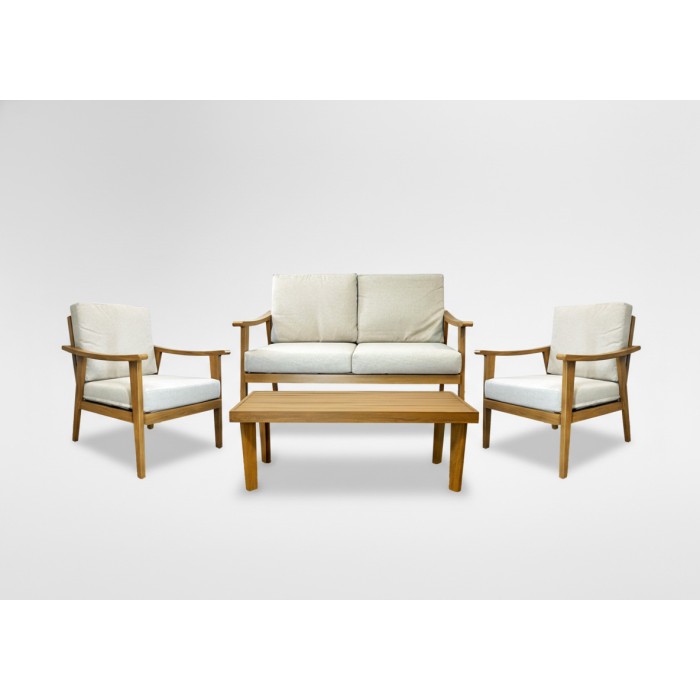 Salotto da giardino ALBORA 4 posti in alluminio effetto legno con cuscini beige e tavolino basso