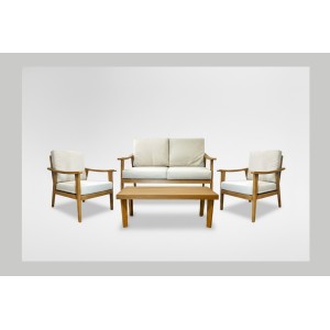 Salon de jardin ALBORA 4 places en aluminium effet bois avec coussins beige et table basse