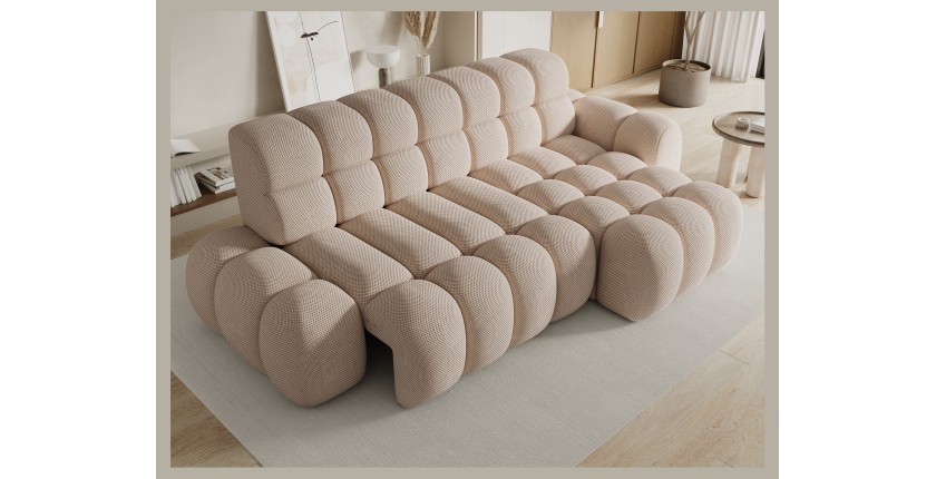 Canapé d’angle convertible BULLA 3 places beige angle droit – tissu nid d’abeille avec extension d’assise électrique