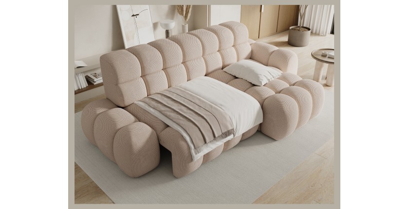 Canapé d’angle convertible BULLA 3 places beige angle droit – tissu nid d’abeille avec extension d’assise électrique