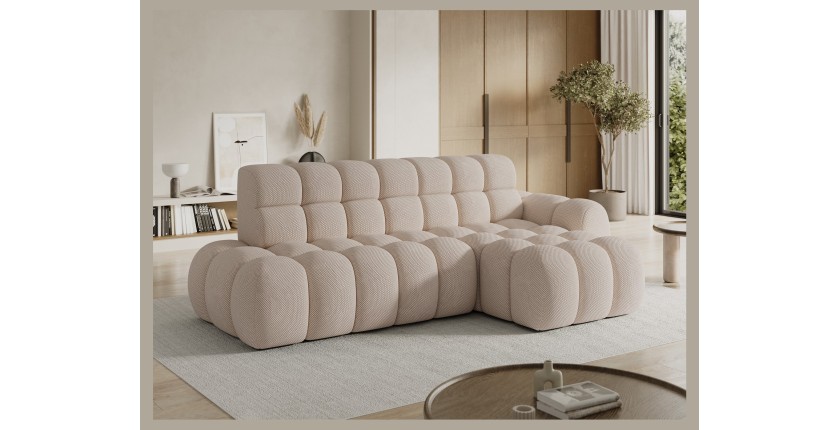 Canapé d’angle convertible BULLA 3 places beige angle droit – tissu nid d’abeille avec extension d’assise électrique
