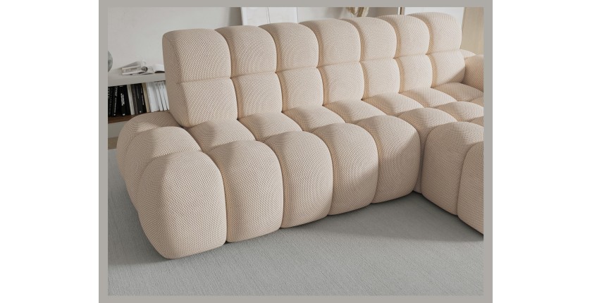 Canapé d’angle convertible BULLA 3 places beige angle droit – tissu nid d’abeille avec extension d’assise électrique