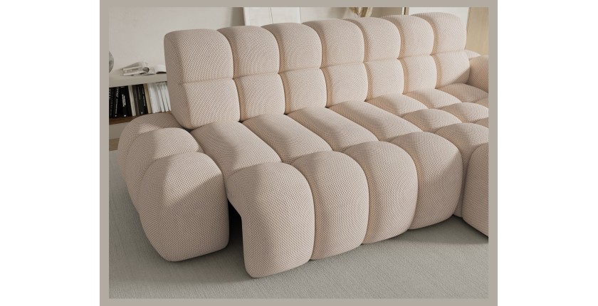 Canapé d’angle convertible BULLA 3 places beige angle droit – tissu nid d’abeille avec extension d’assise électrique