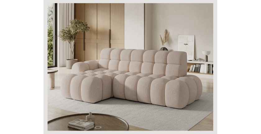 Canapé d’angle convertible BULLA 3 places beige angle gauche – tissu nid d’abeille avec extension d’assise électrique