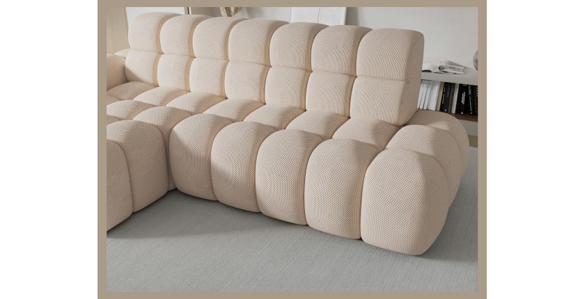Canapé d’angle convertible BULLA 3 places beige angle gauche – tissu nid d’abeille avec extension d’assise électrique