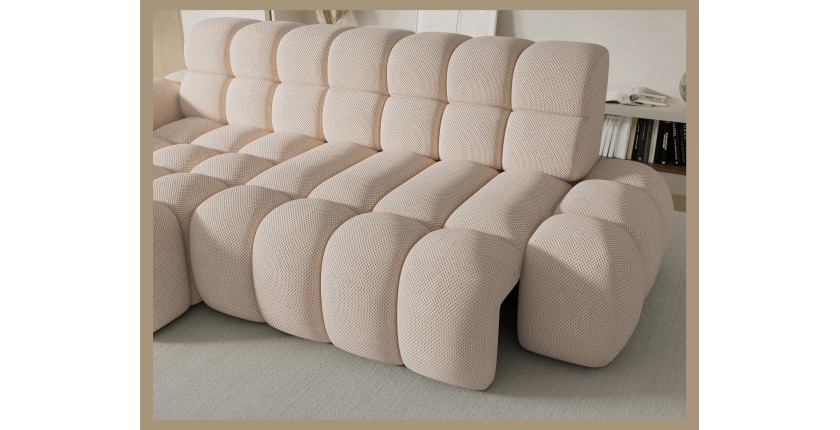 Canapé d’angle convertible BULLA 3 places beige angle gauche – tissu nid d’abeille avec extension d’assise électrique