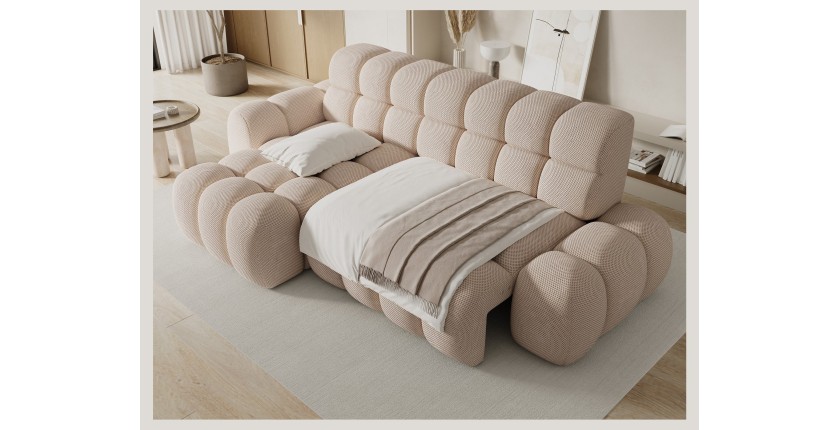 Canapé d’angle convertible BULLA 3 places beige angle gauche – tissu nid d’abeille avec extension d’assise électrique
