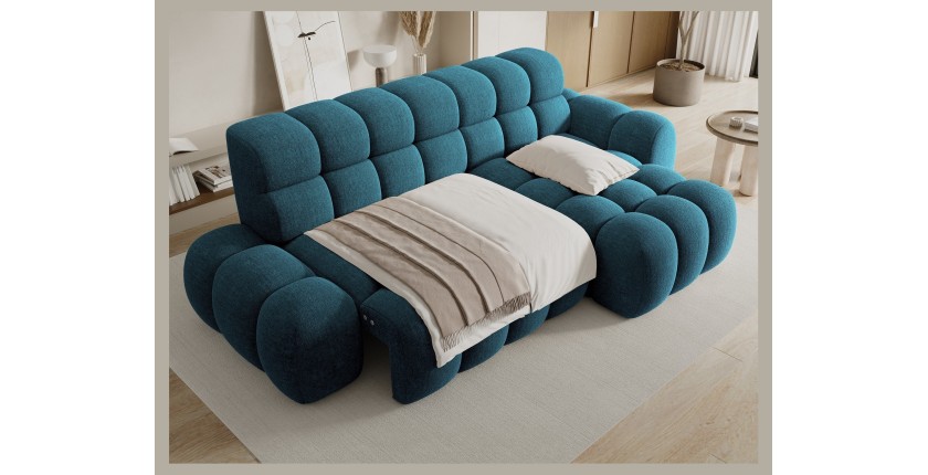 Canapé d’angle convertible BULLA 3 places bleu angle droit – tissu bouclette avec extension d’assise électrique