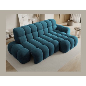 Canapé d’angle convertible BULLA 3 places bleu angle droit – tissu bouclette avec extension d’assise électrique
