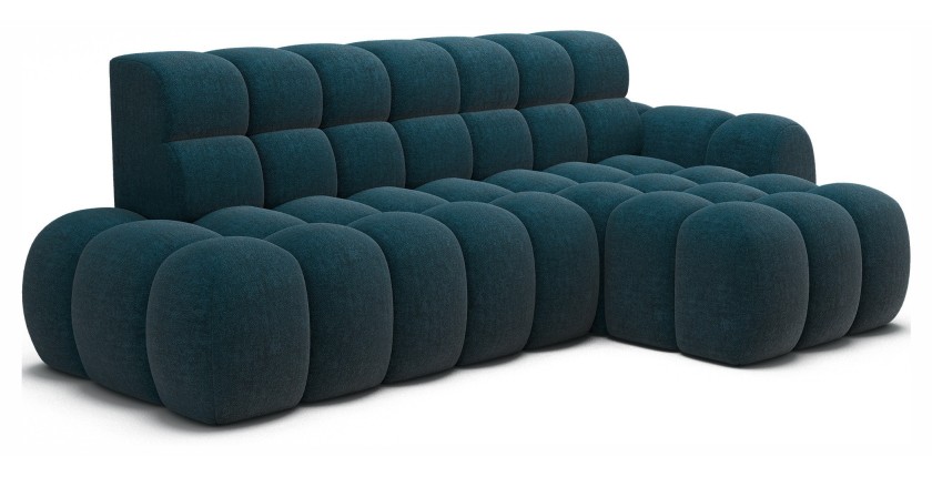 Canapé d’angle convertible BULLA 3 places bleu angle droit – tissu bouclette avec extension d’assise électrique