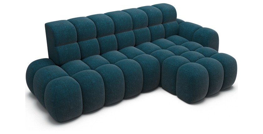 Canapé d’angle convertible BULLA 3 places bleu angle droit – tissu bouclette avec extension d’assise électrique