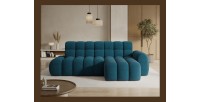 Canapé d’angle convertible BULLA 3 places bleu angle droit – tissu bouclette avec extension d’assise électrique