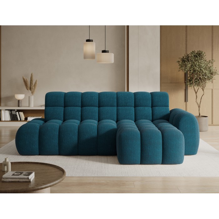 Hoekbank BULLA 3-zits blauw rechterhoek – bouclé stof met elektrische zitverlenging