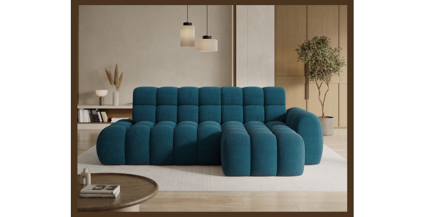 Canapé d’angle convertible BULLA 3 places bleu angle droit – tissu bouclette avec extension d’assise électrique