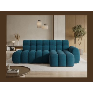 Canapé d’angle convertible BULLA 3 places bleu angle droit – tissu bouclette avec extension d’assise électrique