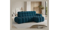 Canapé d’angle convertible BULLA 3 places bleu angle droit – tissu bouclette avec extension d’assise électrique